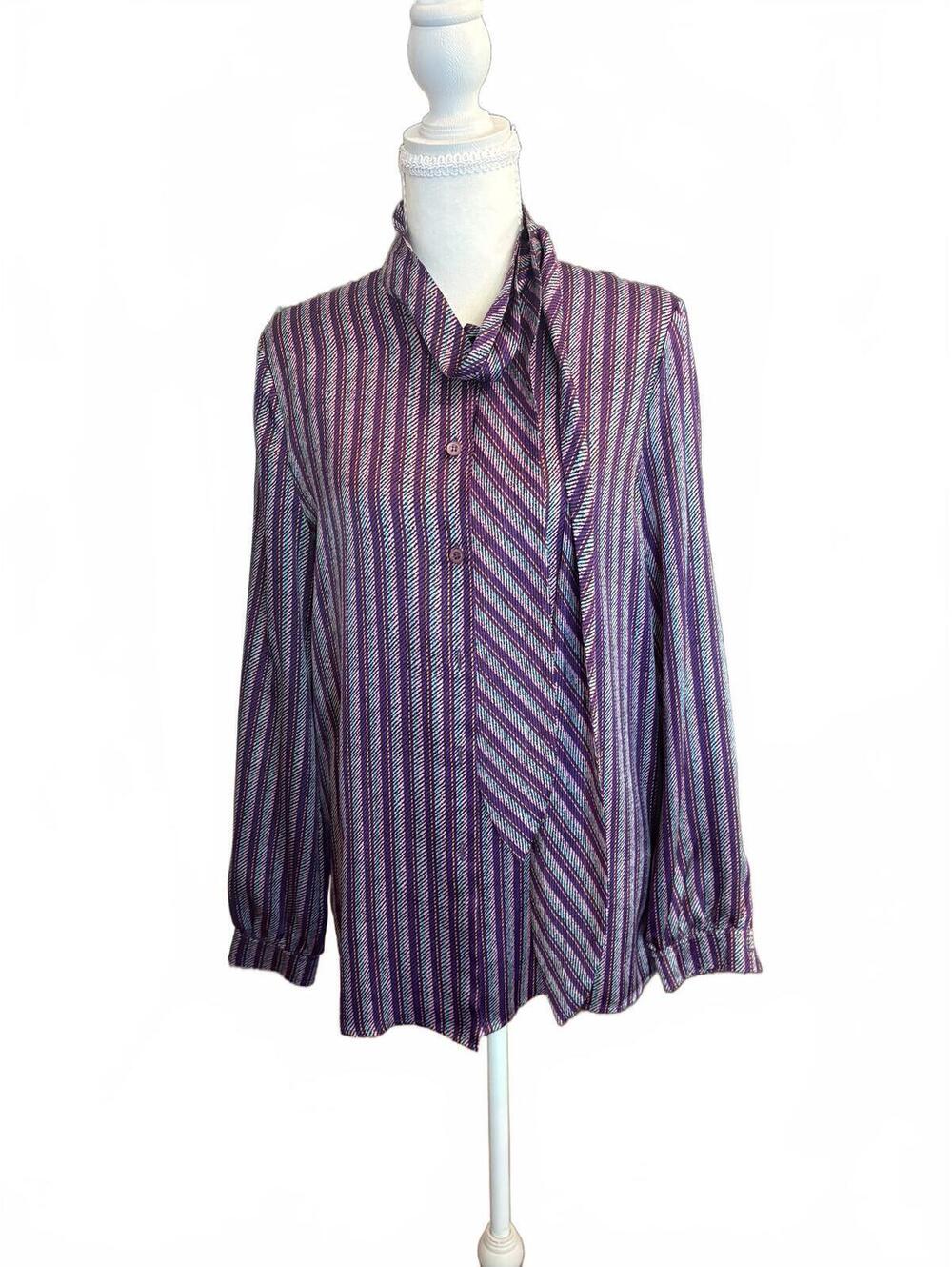 NWOT ESCADA Silk Purple Striped Pussybow Blouse  SZ 36